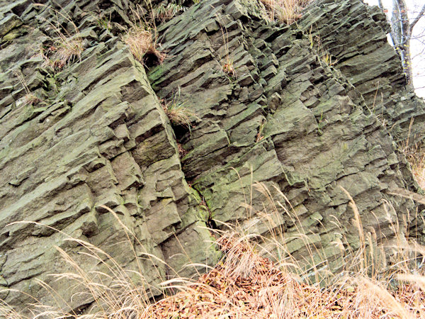 Basaltfelsen am Zlatý vrch (Goldberg) bei Líska (Hasel).