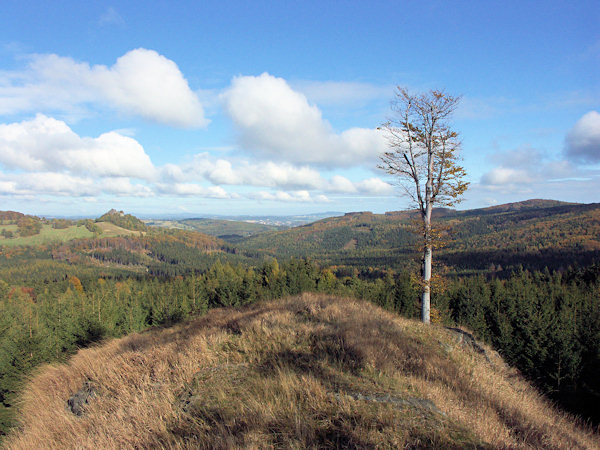 Blick vom Jelení kámen (Hirschenstein) nach Norden in das Tals des Lesenský potok (Goldbach). Links sieht man die Klippe des Tolštejn (Tollenstein) und rechts den Kamm des Rohál (Hörndl).