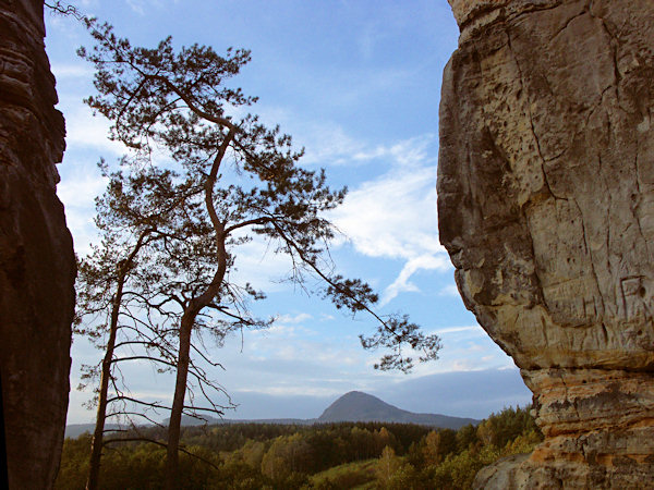 Blick auf den Klíč (Kleis) vom Panenská skála-Felsen (Jungfernstein) bei Radvanec (Rodowitz).