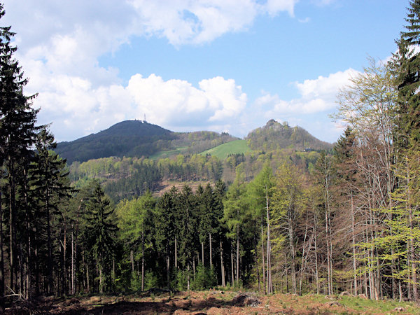 Blick auf den Tolštejn (Tollenstein) und Jedlová (Tannenberg) vom Hange des Pěnkavčí vrch (Finkenberg).