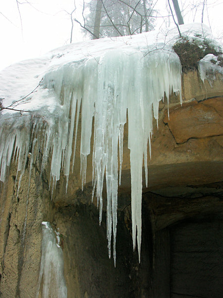 Icicles in a sandstone quarry under the Šenovský vrch-hill.