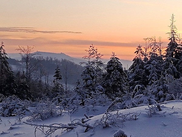 Blick von der Nordseite des Bouřný (Friedrichsberg) auf den Hochwald/Hvozd.