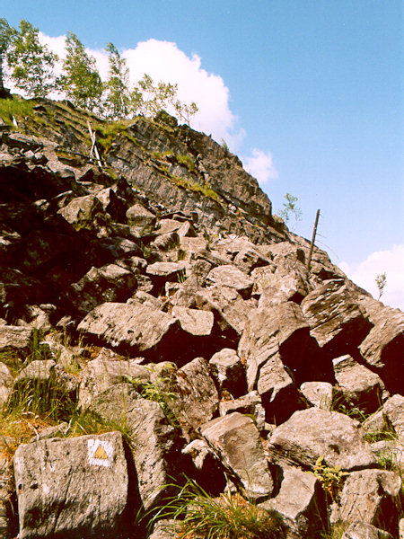 Značená stezka na vrchol Malého Stožce vede přes suťová pole.