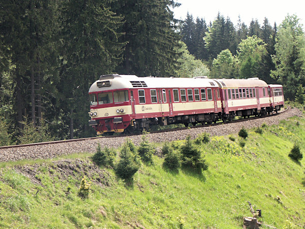 Osobní vlak z Děčína do Rumburku projíždí obloukem pod Srní horou u Jedlové.