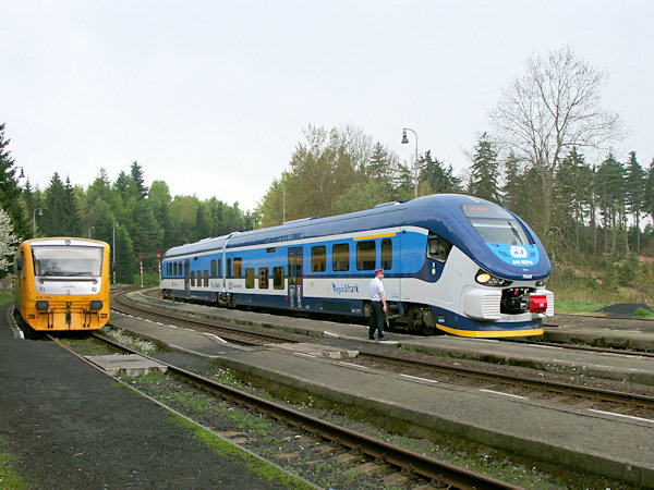 Motorová jednotka řady 844 „Regioshark“ je připravená k odjezdu z Jedlové do Rumburka. Vlevo od ní zastavila „Regionova“ z České Lípy.