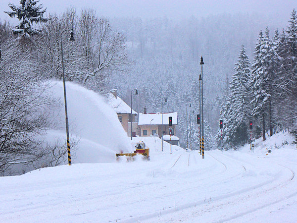 Sněhová fréza uvolňuje zasněžené staniční koleje v Jedlové.
