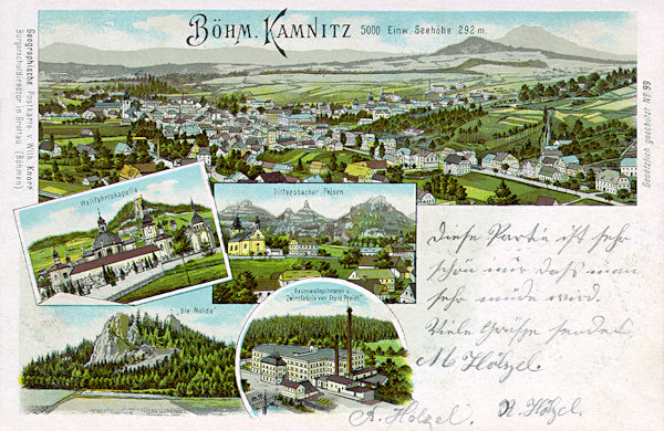 Eine Ansichtskarte von Česká Kamenice (Böhmisch Kamnitz) aus dem Jahre 1900. Auf den kleineren Bildern unter der Gesamtansicht ist die Marienkapelle (links oben), Jetřichovice (Dittersbach) und die umgebenden Felsen (rechts oben), der Aussichtspunkt auf dem Jehla-Felsen (Nolde) (links unten) und die Spinnerei Franz Preidl in Horní Kamenice (Ober Kamnitz) (rechts unten).