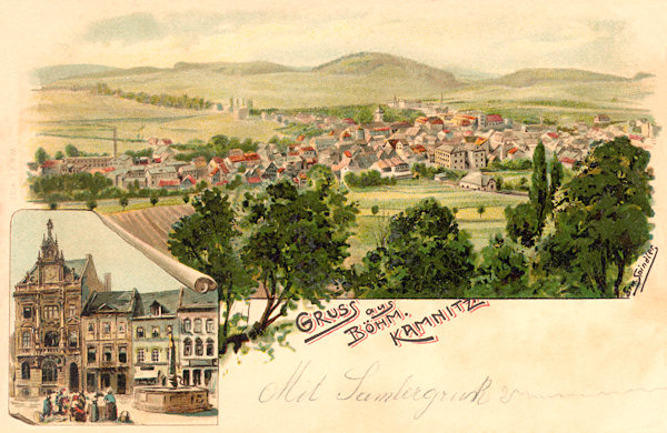 Diese Ansichtskarte von Česká Kamenice (Böhmisch Kamnitz) zeigt die Gesamtansicht der Stadt und ein Detail der Häuser an der Westseite des Marktplatzes mit dem Gebäude der Sparkassa.