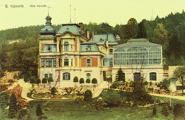 Diese Ansichtskarte aus der Zeit um 1910 zeigt die zweite Villa Preidels, die in diesen Jahren bereits Preidels Neffe Emanuel Karsch besass. Die Villa dient heute als Kinderheim, ihr Aussehen wurde aber durch die spätere Modernisierung erheblich verändert.