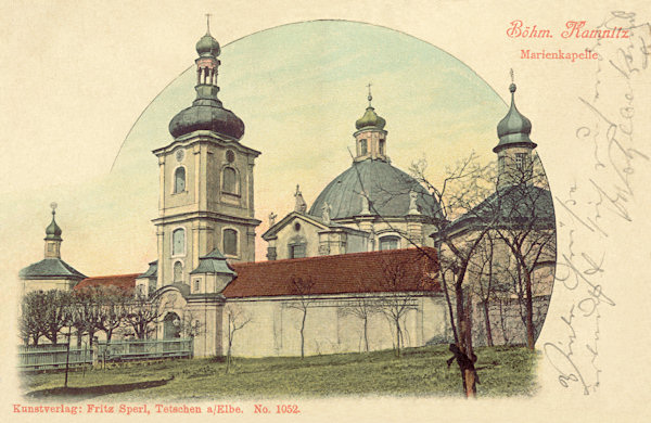 This postcard of Česká Kamenice from the beginning of the 20th century shows the pilgrimage chapel of the Birth of Virgin Mary with the cloister.