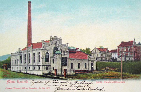 Diese Ansichtskarte zeigt das frühere städtische Elektrizitätswerk, das zwischen 1900 und 1902 am Südrande der Stadt erbaut wurde.