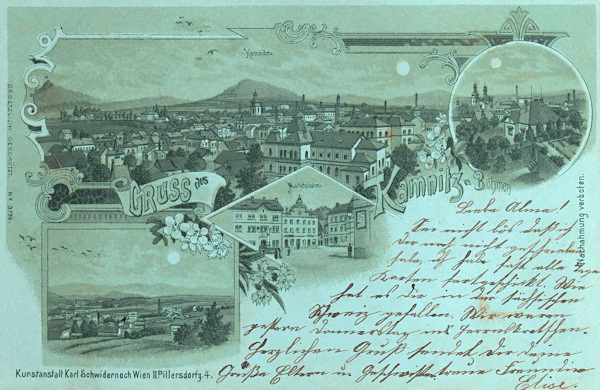 Litografie z roku 1900 představuje město za svitu měsíce.