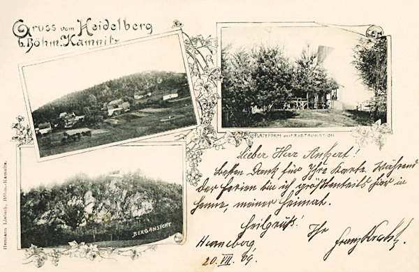 Diese Ansichtskarte von Anfang des 20. Jh. zeigt die ehemalige Sommergaststätte oberhalb von Huníkov (Henne). Auf den Bildchen links sieht man einen Teil der Gemeinde und den Gipfel des Berges mit der Gaststätte, rechts ist ein Detail der Gaststätte. Das Gebäude verschwand wahrscheinlich im Laufe des ersten Weltkrieges.