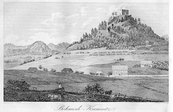 A romantic drawing from the first half of the 19th century shows the ruins of the castle Kamnitz at the Zámecký vrch hill.