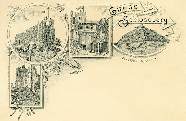 Tato litografie z přelomu 19. a 20. století zachycuje zříceninu Kamenického hradu s vestavěnou vyhlídkovou věží ještě před dostavbou letní restaurace v 1. patře.