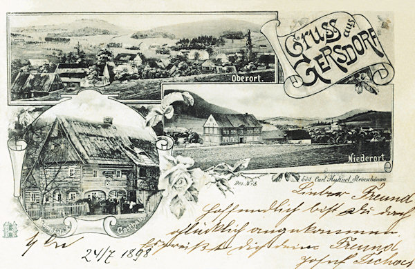 Auf dieser Ansichtskarte aus dem Jahre 1898 sind zwei Bilder des oberen und unteren Teiles der Stadt und ein Detailbild des ehemaligen Gasthauses Krombholz.