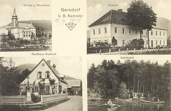 On this picture postcard from 1915 you see on the top the St. Maria Magdalene church with the presbytery and the pretty schoolhouse which till now stands on the road under the church. Below there is the now closed Kreibich's shop and the former swimming pool at the southern end of the village.