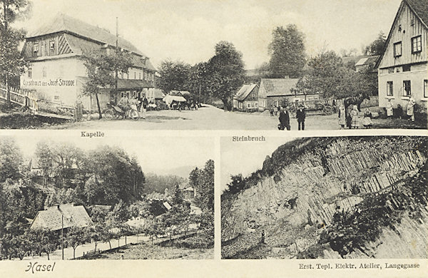On this picture postcard you see the main road to Česká Kamenice at which then stood a great wayside inn. The pictures on the bottom show the lower part of Líska village with the chapel standing in former times on a small hillock and the basalt quarry above the village.