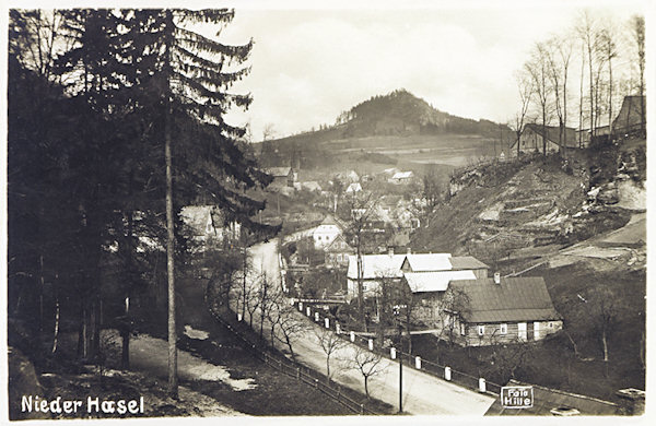 This picture postcard shows the houses in the lower part of the village Líska standing along of the main road from Česká Kamenice. In the background the Zlatý vrch-hill.