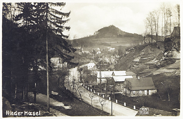 Diese Ansichtskarte zeigt die im Unterdorf von Líska (Nieder-Hasel) an der Hauptstrasse von Česká Kamenice (Böhmisch Kamnitz) stehenden Häuser. Im Hintergrund der Zlatý vrch (Goldberg).