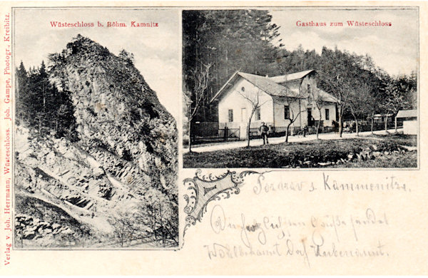 Die Ansichtskarte vom Ende des 19. Jahrhunderts zeigt den Felsvorsprung Pustý zámek (Wüstes Schloss) und das ehemalige Hegerhaus mit einem Gasthof an der darunter liegenden Straße.