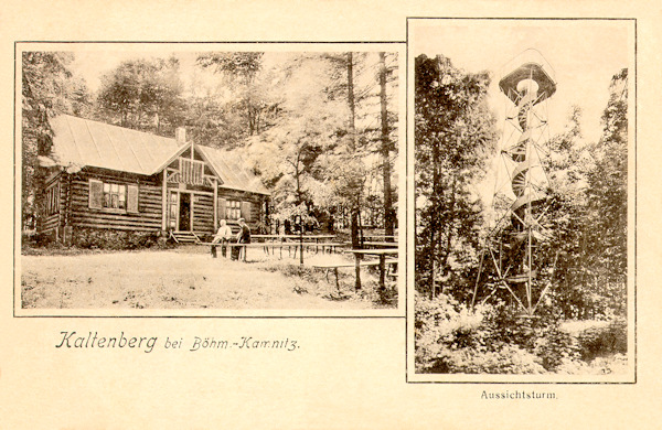 Auf dieser Ansichtskarte aus dem Jahre 1925 sieht man das Blockhaus der Gaststätte und daneben den eisernen Aussichtsturm auf dem Studenec (Kaltenberg).