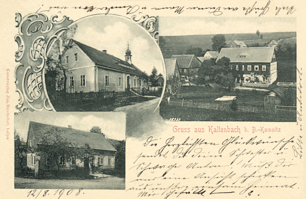 Auf der Ansichtskarte aus Studený (Kaltenbach) vom Anfang des 20. Jh. sieht man das aus dem Jahr 1868 stammende Schulgebäude (links oben) und die ehemalige Gaststätte im Mittelort (rechts).