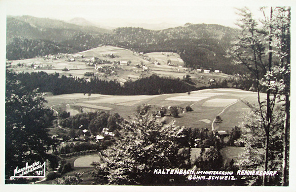 On this picture postcard taken from the peak of the „Studenec“ hill we see in the foreground a part of the village Studený. The centre of the picture is crossed by the woody valley of Pavlínino údolí in which the village Rynartice is located.