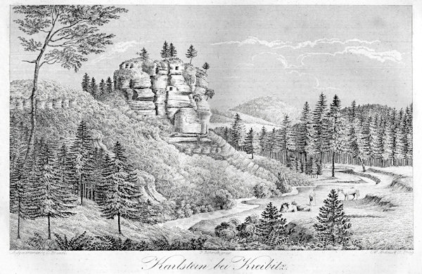 Chřibský hrádek (Wüstes Schloss bei Kreibitz)</b><br>Eine romantische Zeichnung der Burg Chřibský hrádek (Wüstes Schloss) zeigt ihr Aussehen in der ersten Hälfte des 19. Jahrhunderts.
