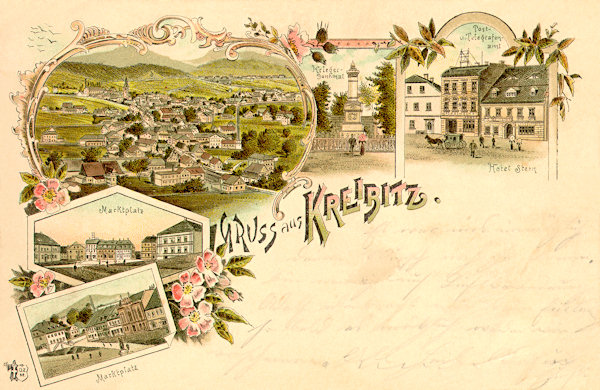Auf dieser Lithographie von 1897 sieht man ausser einer Gesamtansicht der Stadt das Kriegsgefallendenkmal und die alte Post mit dem Hotel „Stern“ an der Westfront des Marktplatzes. Auf den unteren Bildern sind zwei andere Motive des Marktplatzes abgebildet.