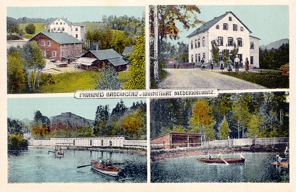 Auf dieser Ansichtskarte sieht man das ehemalige Fröhlich'sche Gasthaus mit dem Freibad und Gondelfahrt.