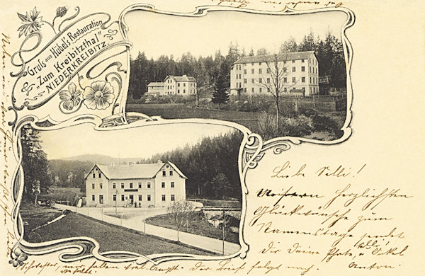 This picture postcard shows the main objects of the former settlement Na Potokách near Chřibská. On the lower picture there is the former restaurant „Zum Kreibitztal“, at the top the former Florian Hübel's weawing mill, into which the water had been conducted through an unique mill-race with two tunnels and a viaduct. The weawing-mill operated till the 30s of the 20th century, both its buildings were demolished between 2000 and 2001.