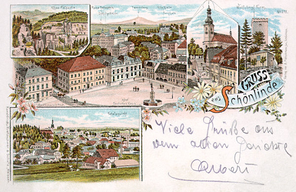 This lithography from the end of the 19th century shows the southeastern part of the market-place with the monumental school building in the background. On the small pictures on the right side you see the church of St. Maria Magdalena and the lookout tower on the peak of the Vlčí hora-hill, on the upper left side the rocks in the valley Kyjovské údolí and below it an overall view of the town from the west.