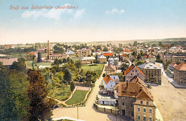 This picture postcard from the years before World War One shows the eastern part of the town as seen from the tower of the church of St. Maria Magdalena. On the right side we see the northeast corner of the market-place, the point where the road to Rumburk starts.