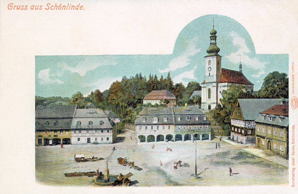 On this picture postcard from the turn of the 19th and 20th century we see the northwestern corner of the market-place with church of St. Maria Magdalena. The houses under the church had then arcades, in the one at the right side there was the restaurant „Zum Rathaus“ (in German: town-hall). The great framework house with its half-timbered floor at the corner of the market-place was built after 1739 on the place of the former municipality and stood here until 1904 when it was demolished.