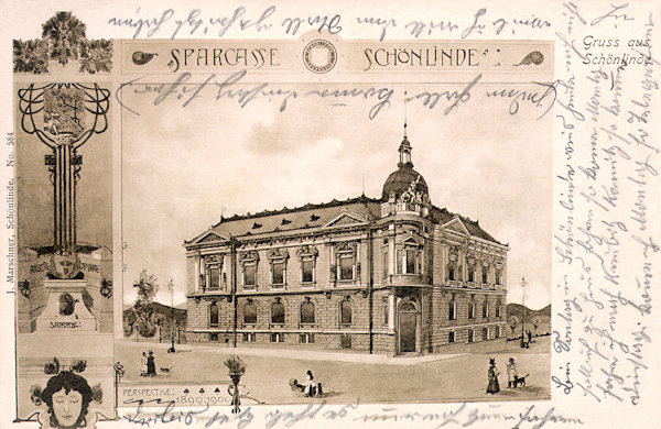 This picture postcard from 1903 represents the Neo-Renaissance building of the former savings-bank at the road to Rumburk built from 1899 to 1900. At present it is the seat of the municipal authority and of the post-office.