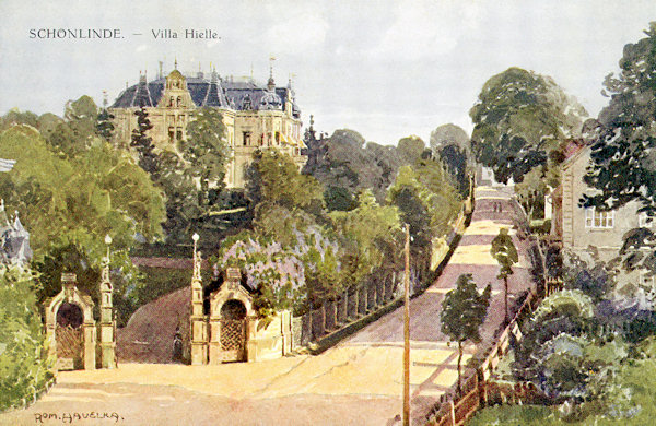 Diese von Roman Havelka gemalte Ansichtskarte zeigt eine Ansicht der nach Chřibská (Kreibitz) führenden Strasse mit der 1885-1887 erbauten monumentalen Neorenaissance-Villa der Elisabeth Hielle-Dittrich. In der zweiten Hälfte des 20. Jahrhunderts liess man die Villa verwahrlosen und doch konnte sie 2002 noch ihre Renovierung erleben.