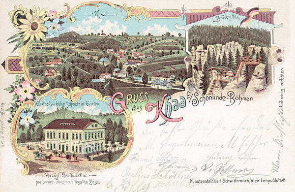 Auf dieser Lithographie aus dem Jahr 1901 sieht man Kyjov (Khaa) mit der Gaststätte „Zur Böhmischen Schweiz“, das man nach dem Brand im Jahre 1992 abgerissen hat. Das Bild rechts zeigt die Aussicht von den Bratrské kameny (Brüdersteine) im Kyjovské údolí (Khaatal).