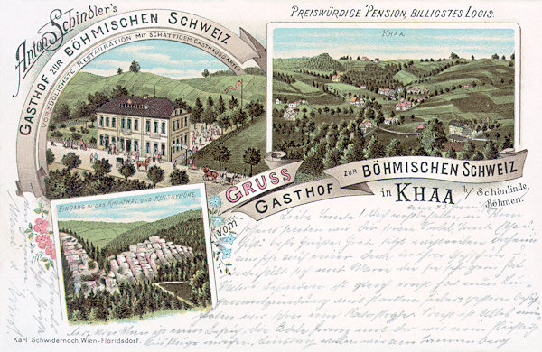 Diese Ansichtskarte aus dem Jahr 1897 stellt das Restaurant „Zur Böhmischen Schweiz“ vor, dessen Besitzer damals Anton Schindler war. Neben dem Restaurant sieht man die Gemeinde Kyjov und das untere Bild zeigt den Eingang in das romantische Tal Kyjovské údolí (Khaatal).