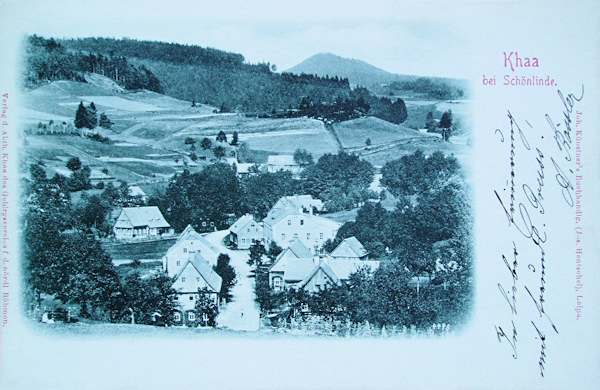 This picture postcard from the end of the 19th century shows the village centre as seen from the south. In the backgroud there is the Vlčí hora hill.