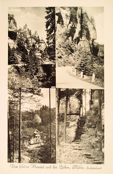 Diese Ansichtskarte stellt vier Bilder aus dem Kyjovské údolí (Khaatal) dar. Auf den unteren Bildern ist die „Böhmische Mühle“ in Zadní Doubice (Hinterdaubitz) und die Felsschlucht mit der Aufstiegstreppe unter dem Aussichtspunkt Vyhlídka Kinských (Kinsky-Aussicht).