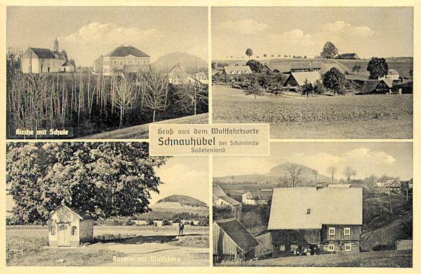 Aus dieser Ansichtskarte sieht man ausser zwei Ansichten der Gemeinde Schnauhübel (rechts) auch die Anhöhe mit der Wallfahrtskirche Maria Schnee und die damalige Schule (links oben) und die an der Wegkreuzung über dem Dorf stehende Kapelle der Hl. Dreifaltigkeit (links unten). Im Hintergrund der meisten Bildchen ragt der Vlčí hora (Wolfsberg) empor.