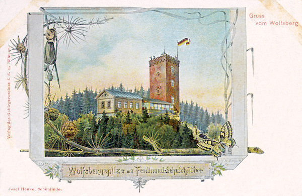 This picture postcard from  the beginning of the 20th century shows the lookout tower on the summit of the Vlčí hora-hill with the chalet Ferdinandova chata. The tower has here still the original open lookout platform with battlements.