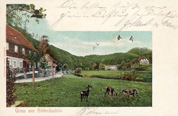 On this picture postcard from 1916 we see in the foreground the houses of the former settlement Zadní Doubice. In 1950 the village was breaken down and in the area there remained only rests of the fundaments. The houses in the background are already in Germany.