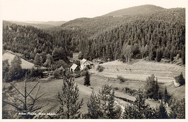 Diese Ansichtskarte aus dem Jahre 1932 zeigt die Český mlýn (Böhmische Mühle) vom Südosten.