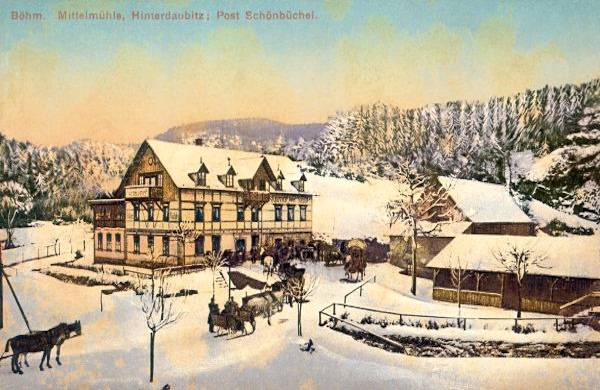 Diese Ansichtskarte von 1914 stellt die Český mlýn (Böhmische Mühle) in Zadní Doubice (Hinterdaubitz) im Winterkleid.