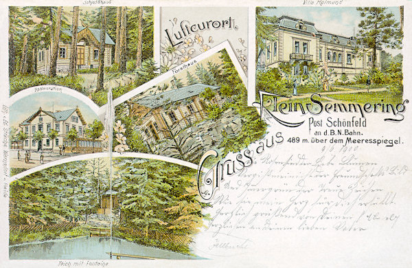 This lithography from 1900 shows several pictures from the formerly popular summer resort of Malý Semerink built between 1870 and 1875 near of the railway station Chřibská. In the upper left corner there ist the villa Raimund, on the right side from above down is one of the cabins in the woods, the restaurant at the railway station and the pool in the park, in the middle the former gamekeeper's lodge.