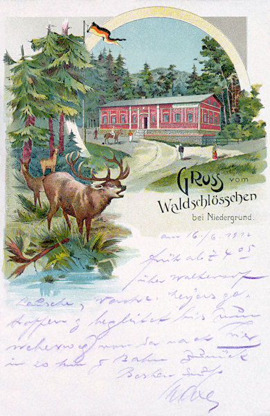 Auf dieser Ansichtskarte vom Jahr 1912 sieht man das ehemalige Gasthaus „Waldschlösschen“, das südlich der Gemeinde am Hange des Rohál (Hörndl) stand. Heute sind von ihm nur Reste der Grundmauern übriggeblieben.