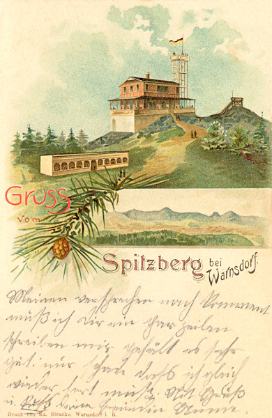Pohlednice z konce 19. století zachycuje nejstarší výletní restauraci na Špičáku, otevřenou Franzem Kühnelem 12. července 1898. Na vršku vpravo od ní je ještě vidět starší dřevěná vyhlídka, zřízená místním Horským spolkem.