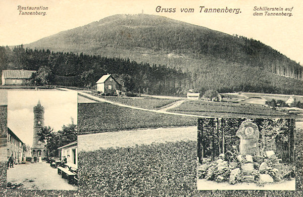 Historische Ansichtskarte der Berges Jedlová (Tannenberg) aus der ersten Hälfte des 20. Jahrhunderts. Die kleinen Bilder unten zeigen den Aussichtsturm mit der Gaststätte und das Schillerdenkmal auf dem Gipfel.
